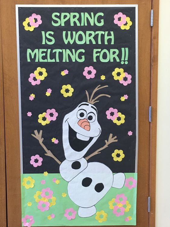Olaf-themed spring classroom door with the phrase 'Spring is Worth Melting For' and colorful flowers.
