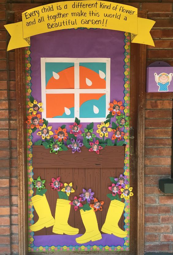 Personalized spring classroom door with students’ faces in the centers of colorful flowers, celebrating uniqueness.