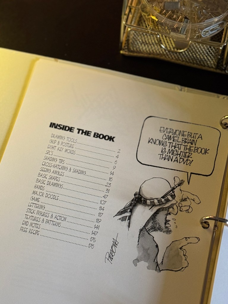 Illustration of the contents page from the 'Simply Draw' book, featuring a cartoon character and a list of drawing topics.