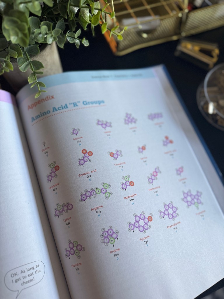 A close-up view of a textbook page displaying a colorful diagram of amino acid 'R' groups, labeled with their names and structures, alongside a plant in the background.