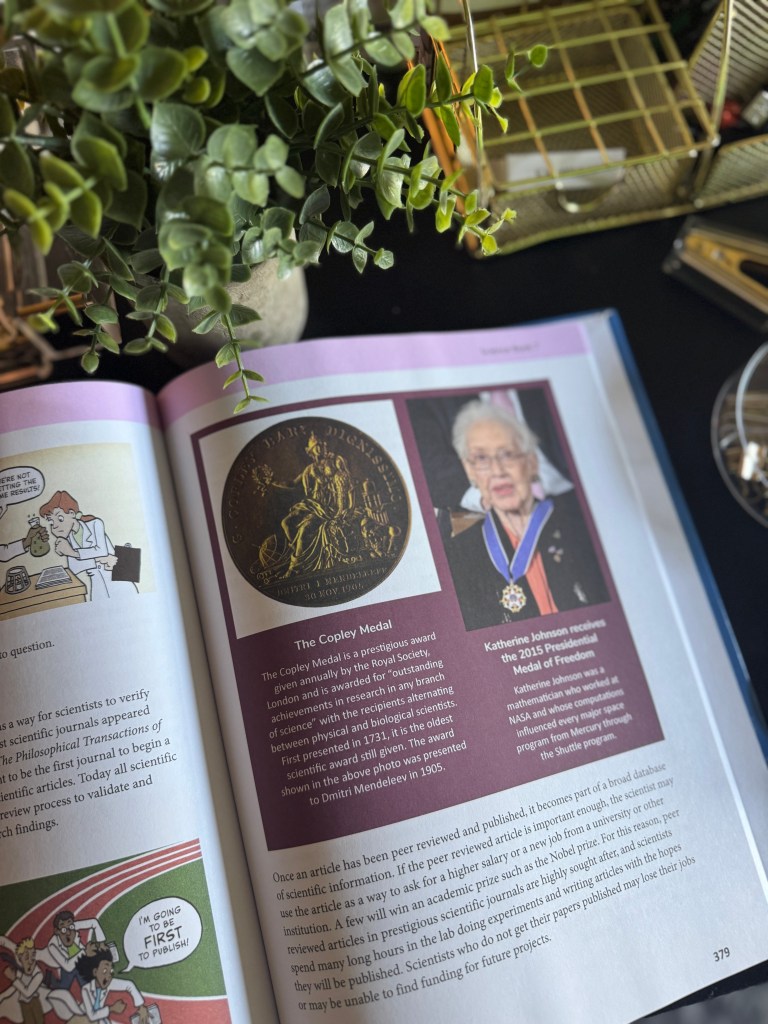 An open book page showcasing the Copley Medal and Katherine Johnson receiving the 2015 Presidential Medal of Freedom, alongside a description of the medals' significance.