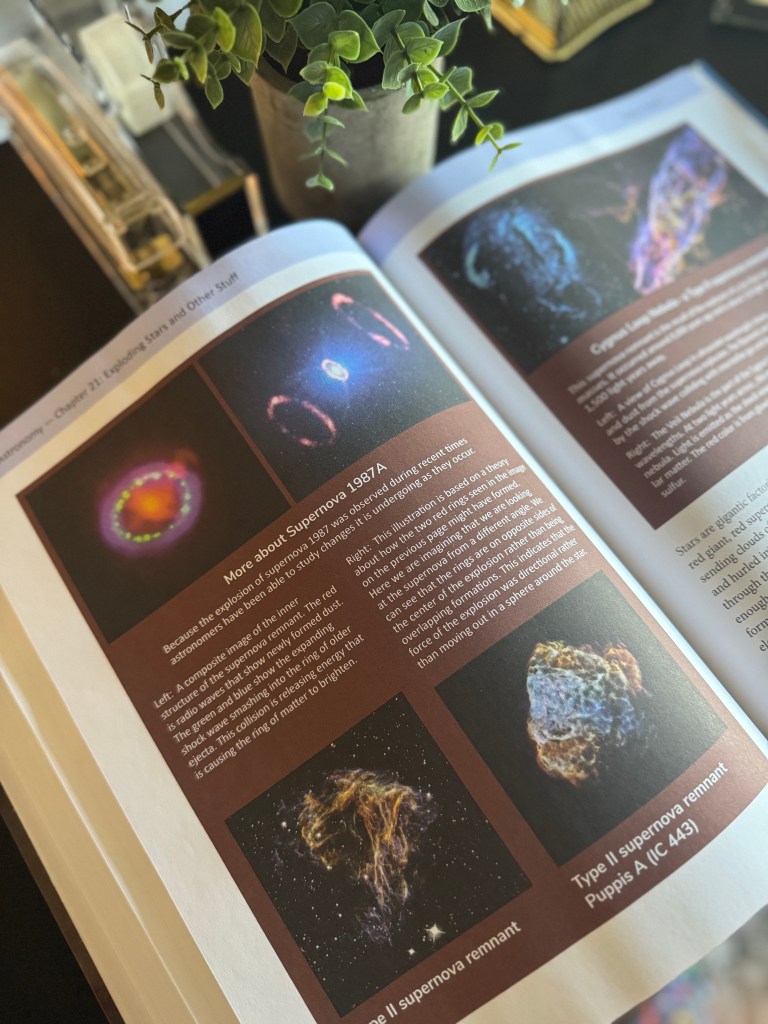 An open textbook page displaying colorful images of supernova remnants, with text describing the remnants and their significance in astronomy.