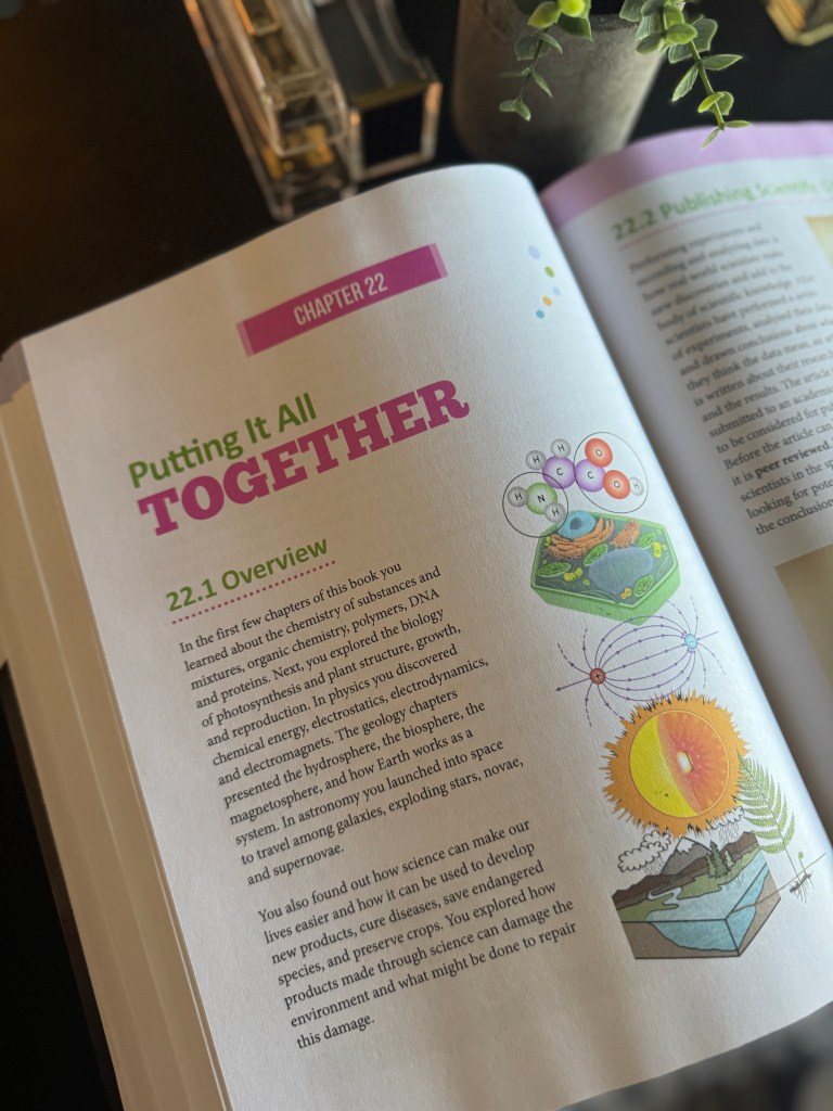 A close-up of a textbook page featuring the title 'Putting It All Together' and an overview of scientific concepts covered in the book, with colorful illustrations depicting chemical structures and natural elements.
