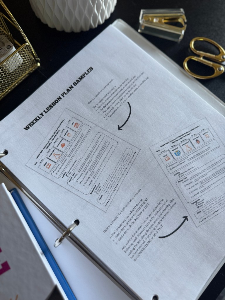 A close-up of a weekly lesson plan sample for a middle school science curriculum, featuring printed pages with instructional graphics, educational activities, and a neatly organized binder with scissors and a decorative vase in the background.