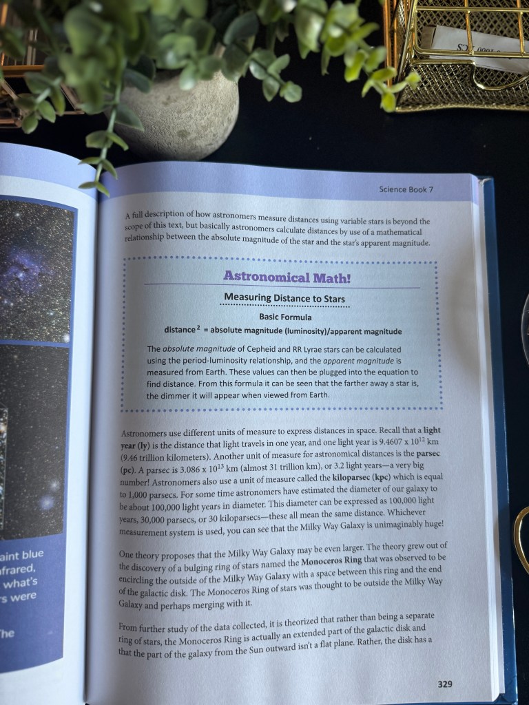 An open page from a science textbook showing a section titled 'Astronomical Math' that explains how astronomers measure distances to stars, along with a diagram of a galaxy.
