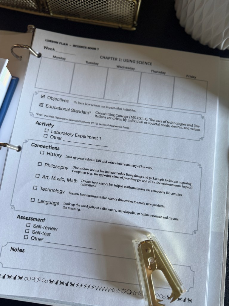 A lesson plan page from Real Science 4 Kids Book 7, featuring sections for weekly objectives, educational standards, activities, and assessment components.