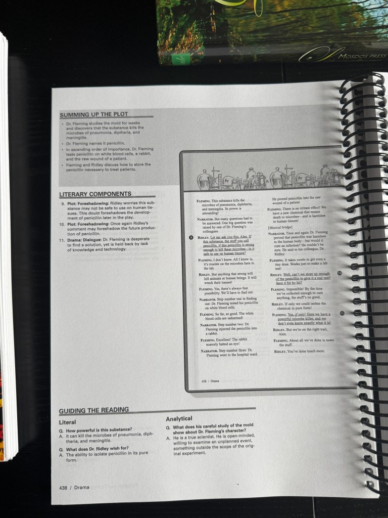 A close-up view of a page from the Mosdos Press Literature curriculum, featuring textual analysis questions and plot summary related to a drama piece, along with guidance for reading comprehension.