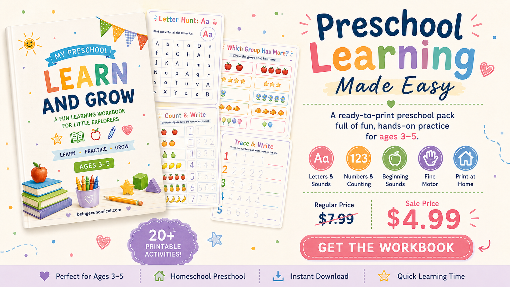 Printable preschool learning pack for ages 3–5 with 20+ learning activities