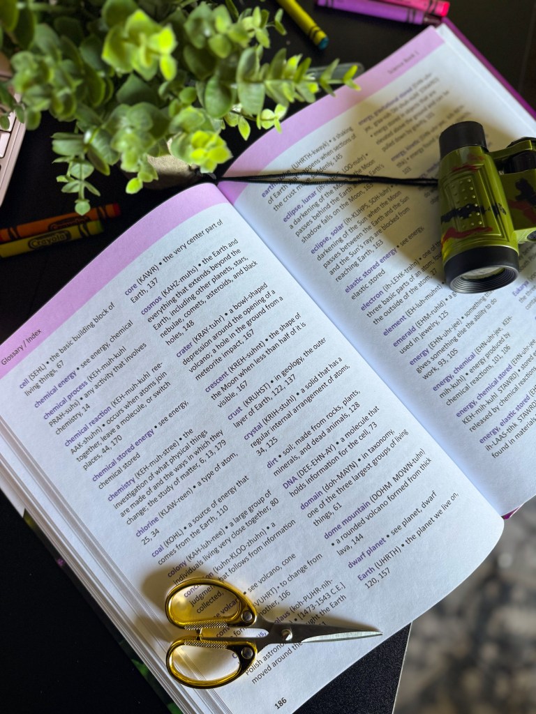 Science vocabulary glossary inside Real Science-4-Kids Book 1