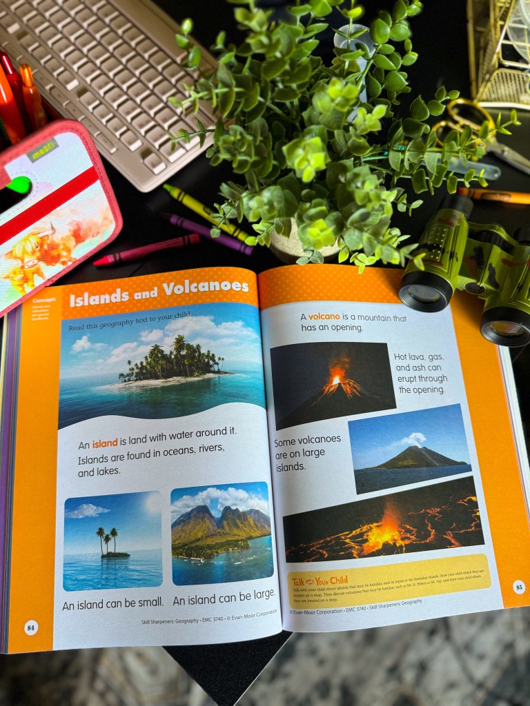 Islands and volcanoes lesson in the Skill Sharpeners Geography Kindergarten workbook