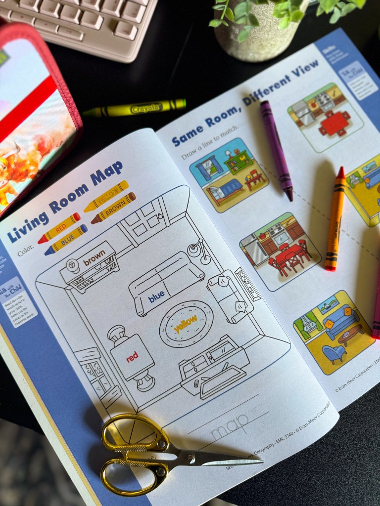 Kindergarten geography workbook with a living room map and matching room views