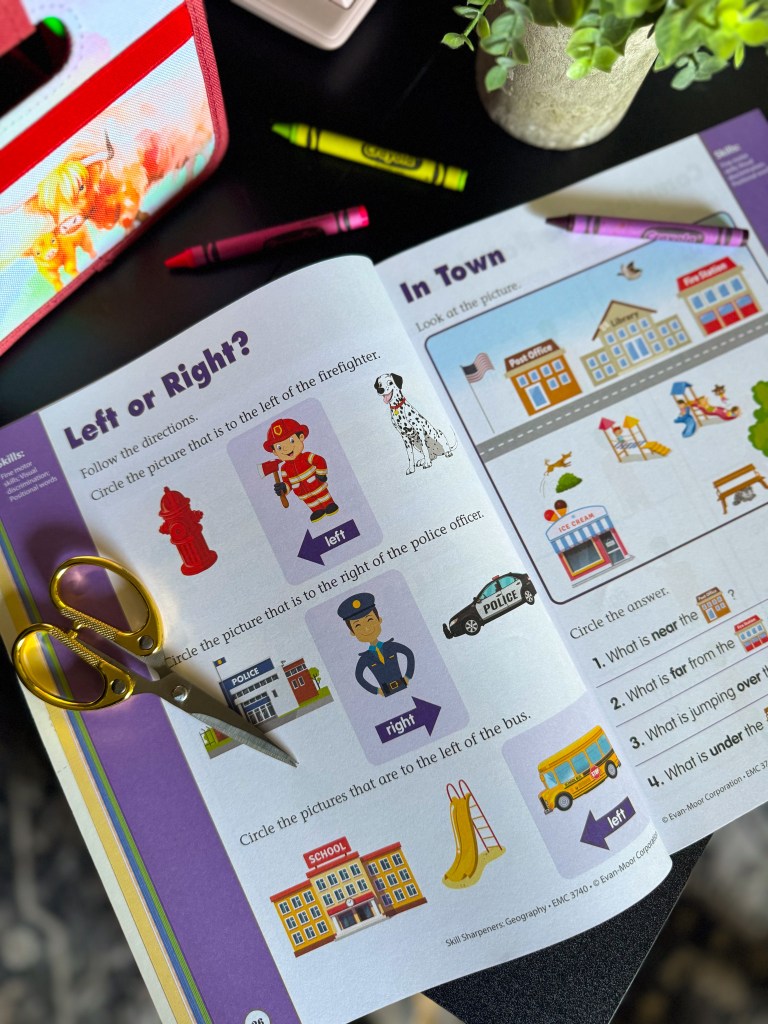 Left and right kindergarten geography lesson with community pictures