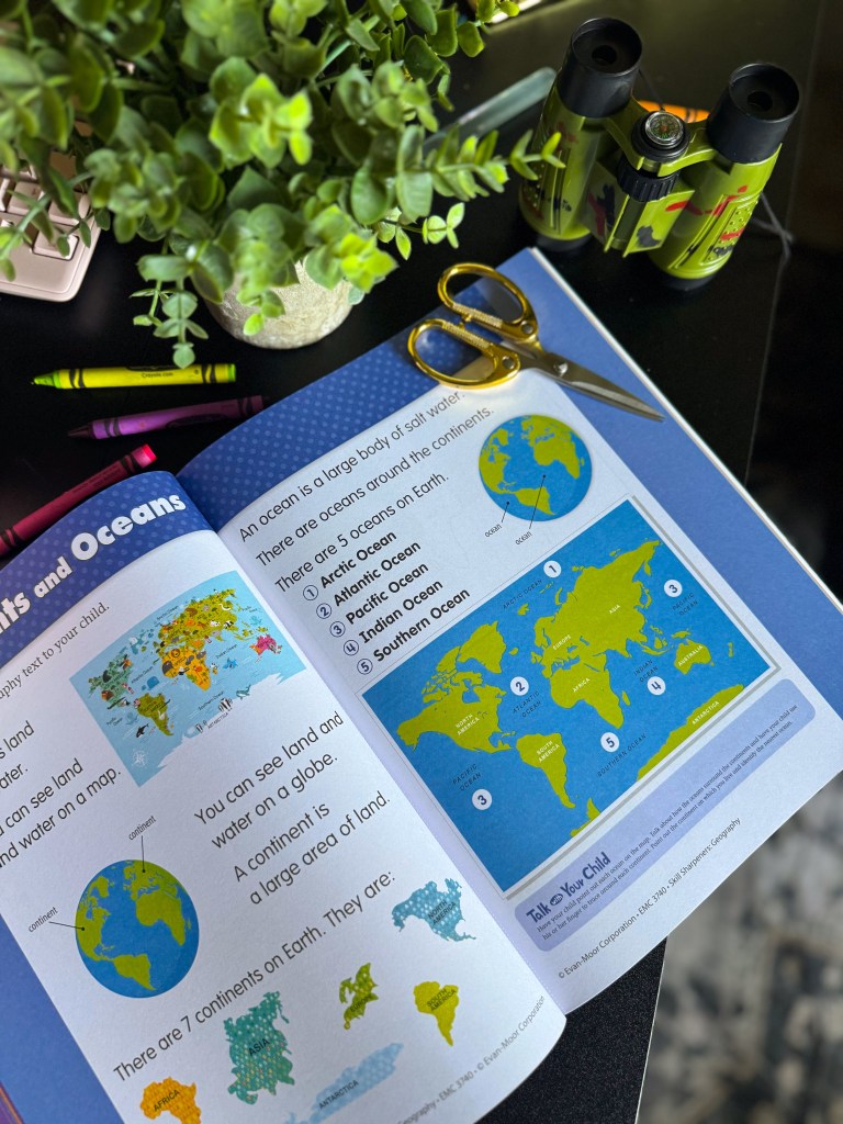 Kindergarten continents and oceans lesson with world map and globe illustrations