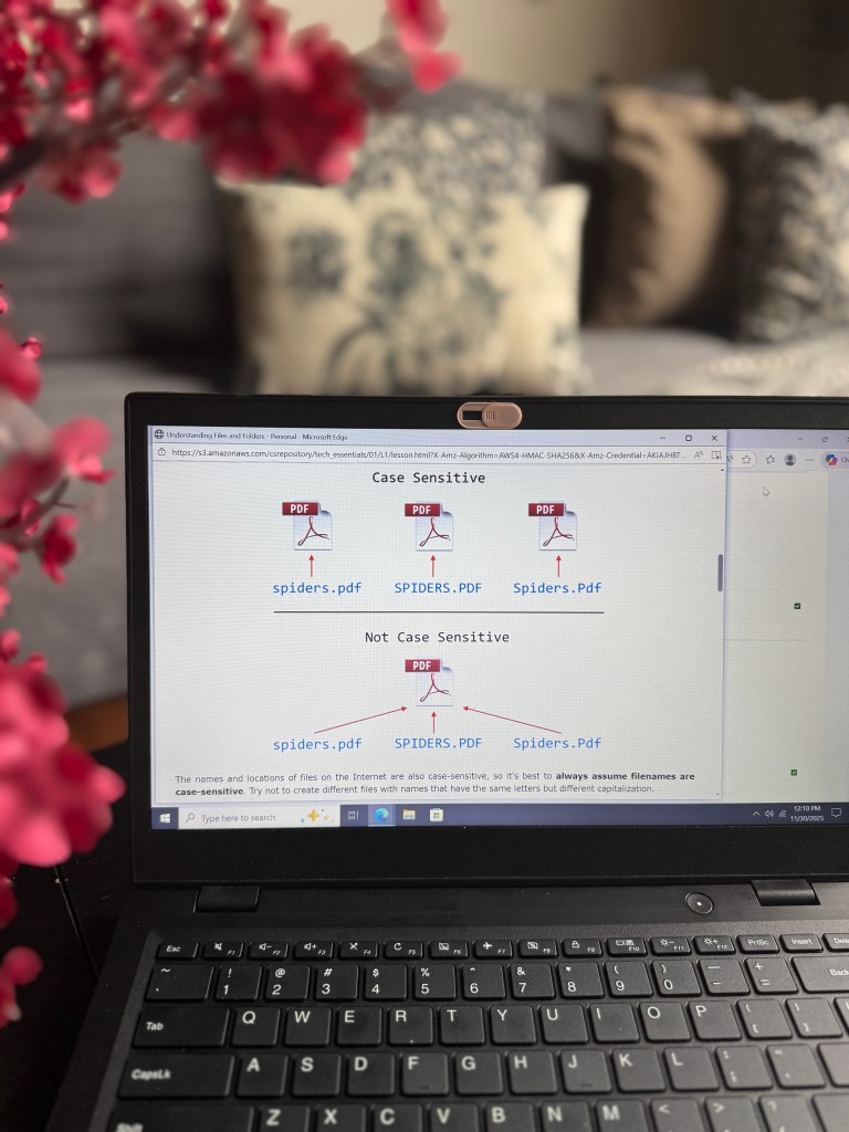 A laptop displaying a lesson on file name case sensitivity in web browsers, with examples of 'spiders.pdf', 'SPIDERS.PDF', and 'Spiders.Pdf', alongside a floral arrangement in the foreground.