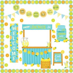 Summer classroom decoration kit with lemonade, sunglasses, and bright yellow bulletin board supplies