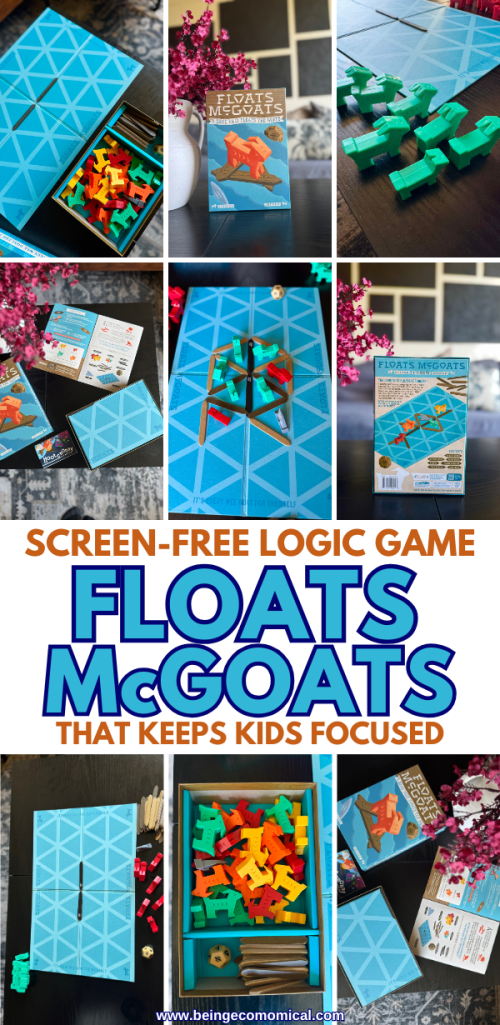 Display of the Floats McGoats logic game, featuring colorful wooden goats and a turquoise game board.