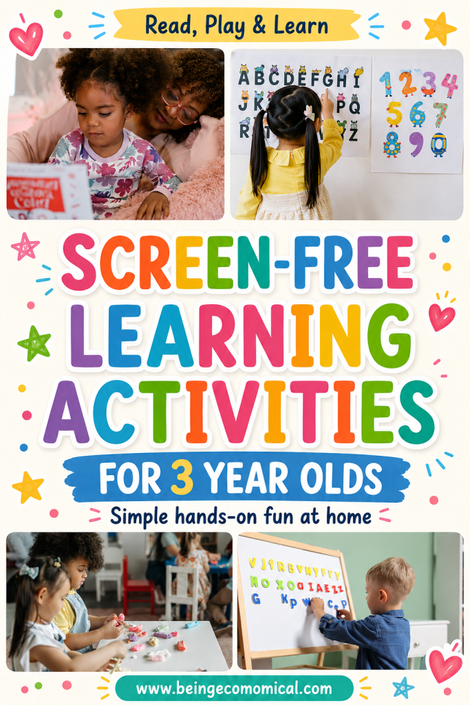 Pinterest graphic featuring screen-free learning activities for 3-year-olds including reading, letters and hands-on play