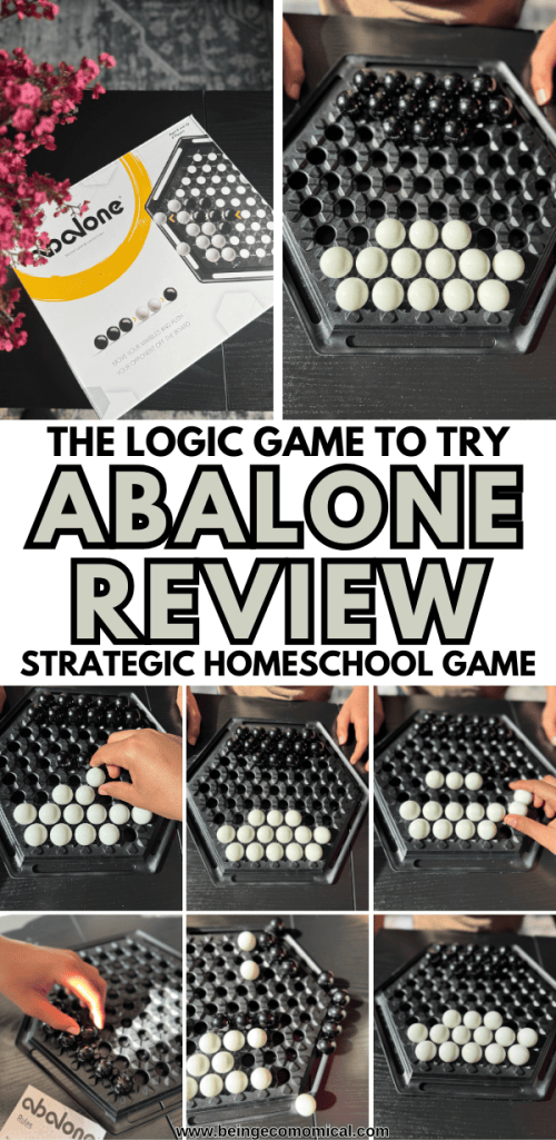 A close-up of the Abalone game box featuring the logo and hexagonal board with black and white marbles.