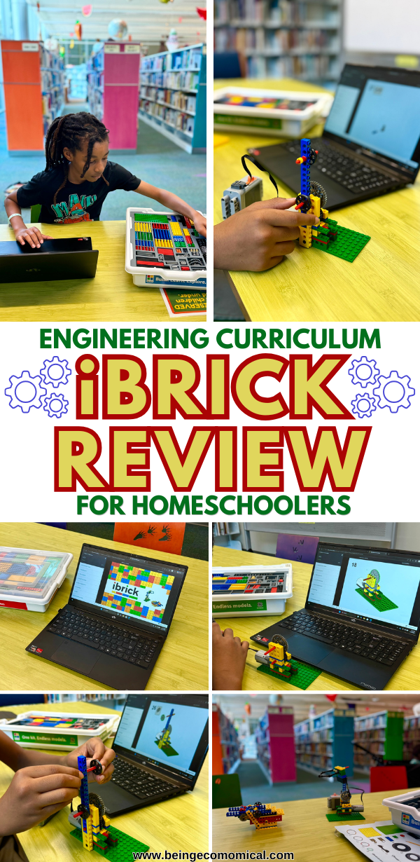 Children using iBRICK engineering kits with laptops in a library, assembling mechanical models for homeschool curriculum review