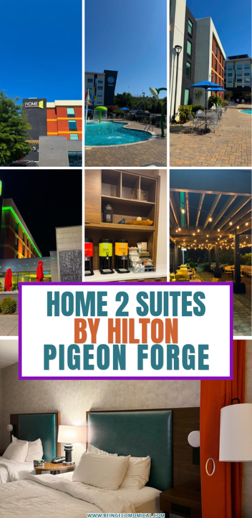 Pinterest pin featuring Home2 Suites Pigeon Forge with a family-friendly pool, hotel exterior and family photo, highlighting spacious suites, free breakfast and a convenient location near The Island and Dollywood.