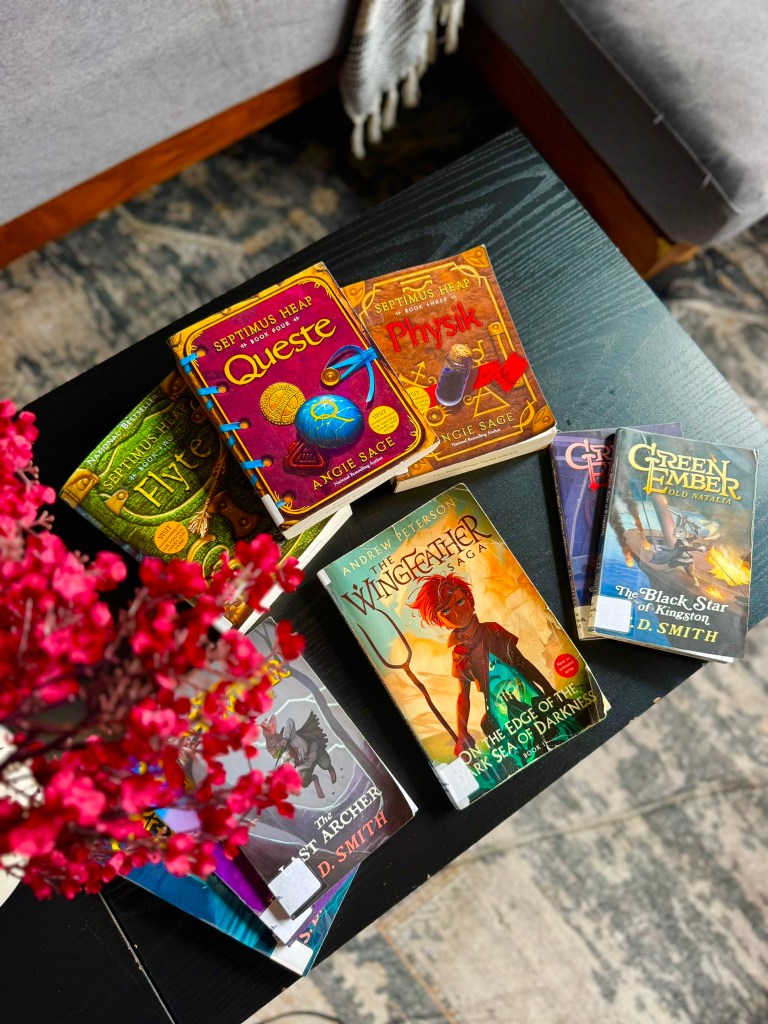 Fantasy book series for tweens featuring Septimus Heap, Green Ember, and The Wingfeather Saga arranged together.