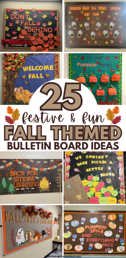 Fall classroom inspiration featuring easy bulletin board ideas with autumn leaves, pumpkins, apples and seasonal school decorations.