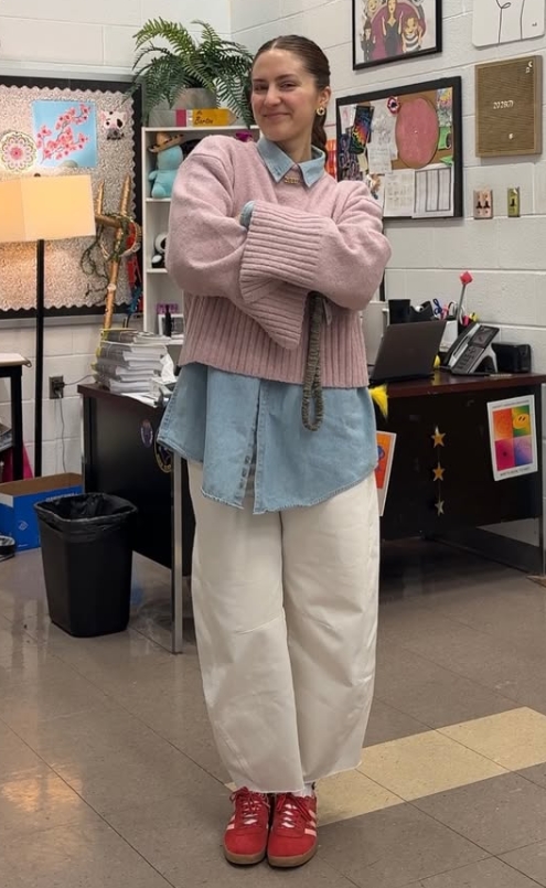 spring teacher outfit with pink sweater layered over button down