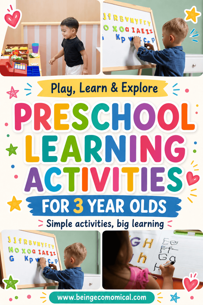 Pinterest graphic featuring play-based learning activities for 3-year-olds including pretend play, counting and writing
