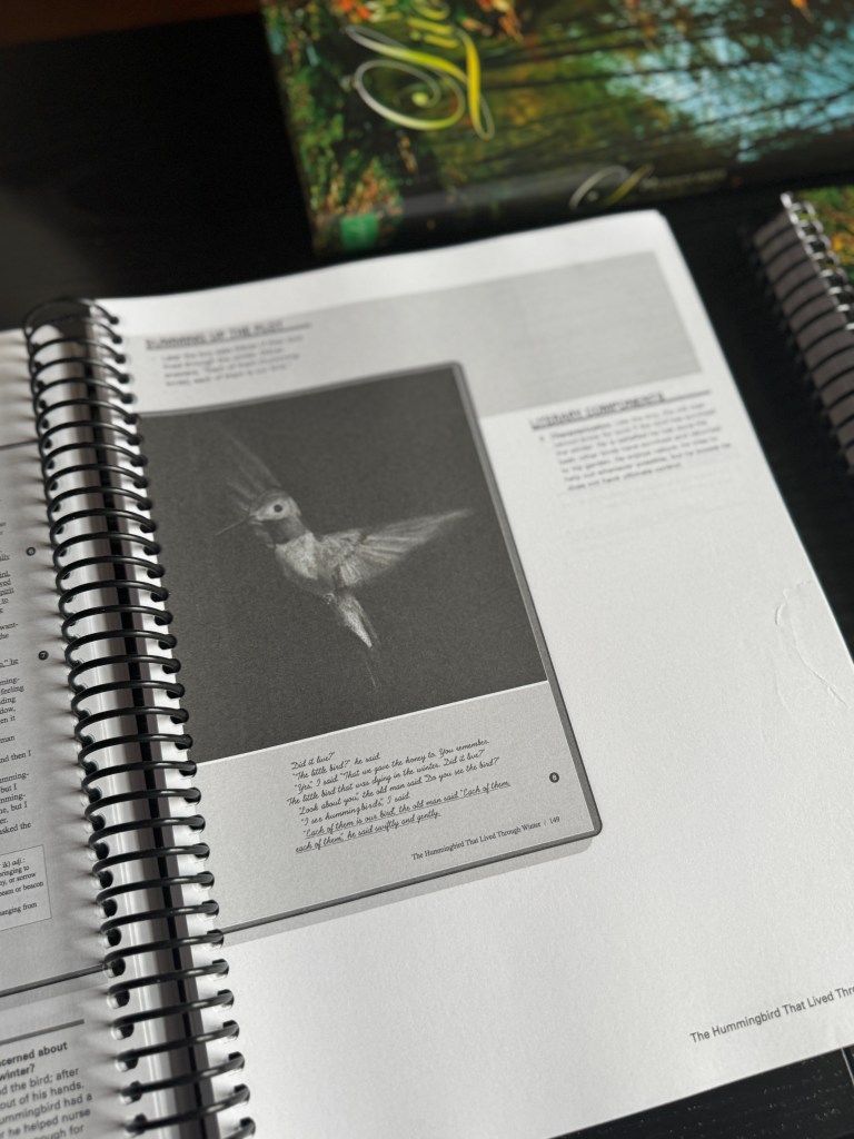 Close-up of a page from a literature curriculum book featuring a black and white illustration of a hummingbird and accompanying text, including comprehension questions. The page is part of an organized layout with a spiral binding.
