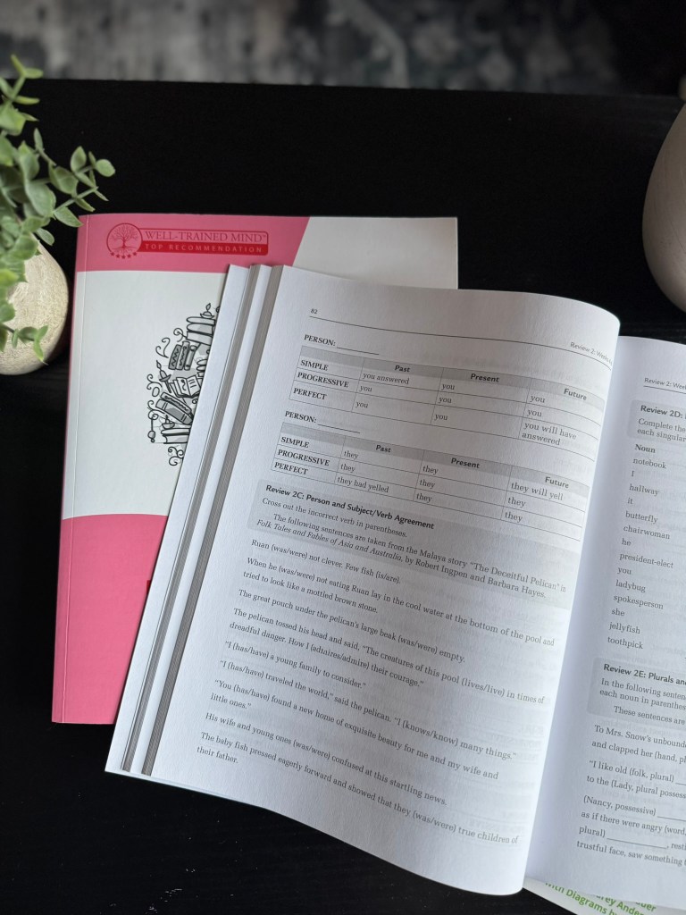 An open workbook with grammar exercises, including sections on verb tenses and subject-verb agreement, placed on a dark surface beside a potted plant and a closed book titled 'Well-Trained Mind.'
