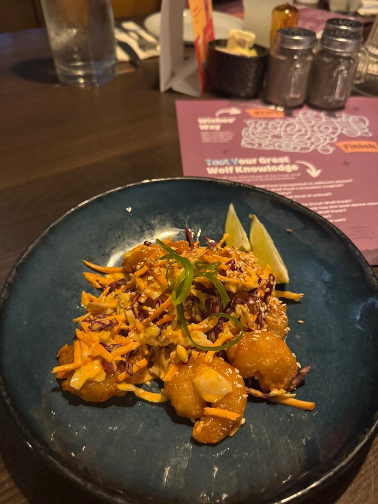 Bang Bang shrimp on table at Fireside restaurant at Great Wolf Lodge in Grapevine, Texas