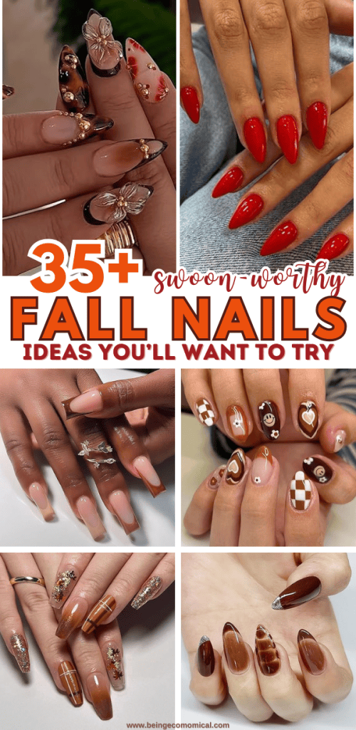 A collage of diverse fall nail designs featuring rich jewel tones, florals, and seasonal patterns, showcasing various shapes and styles in a cozy autumn theme.