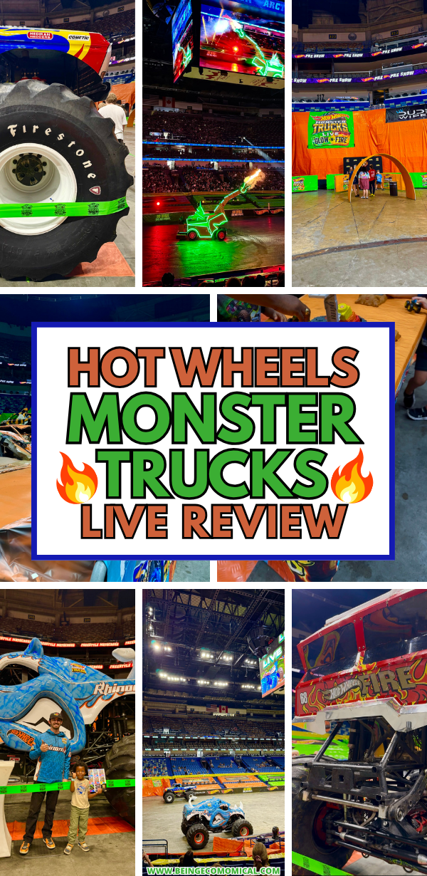 Collage of Hot Wheels Monster Trucks event showing close-up of truck tires, illuminated monster truck performance, family photo with a shark-themed truck, arena view, and event banner reading Hot Wheels Monster Trucks Live Review