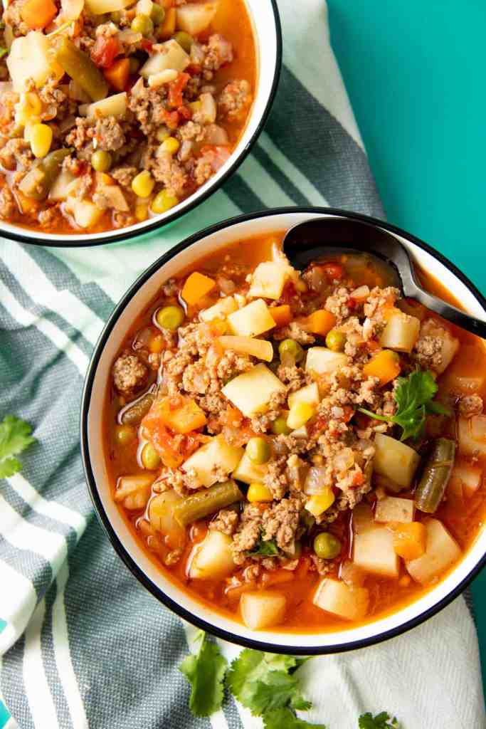 Classic homemade vegetable beef soup with fresh vegetables and savory beef broth