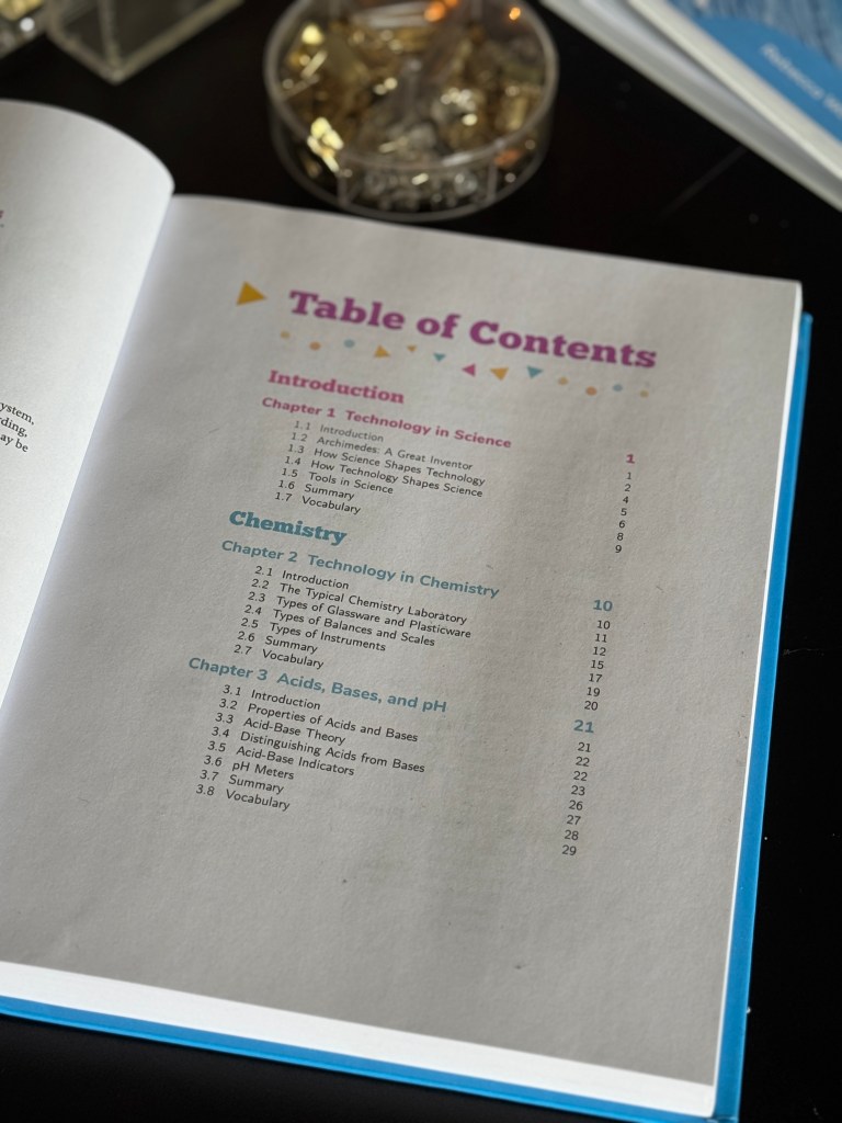 Close-up of the Table of Contents from 'Real Science 4 Kids Book 6', featuring chapter titles like 'Technology in Science', 'Technology in Chemistry', and 'Acids, Bases, and pH'.