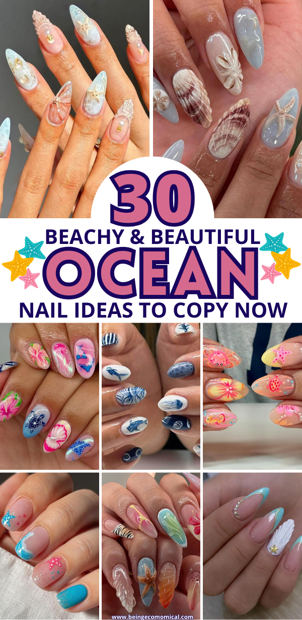 Collage of beach and ocean-themed nail art designs featuring seashells, starfish, crabs, turtles, fish, and ocean waves in various colors and styles