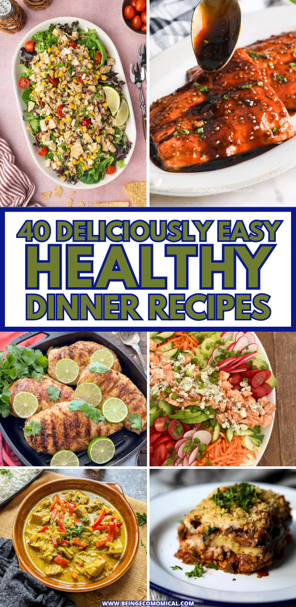 Collage of healthy dinner recipes Six images of different healthy dinner dishes including salad, glazed salmon, grilled chicken with lime, vegetable salad, curry, and a layered casserole