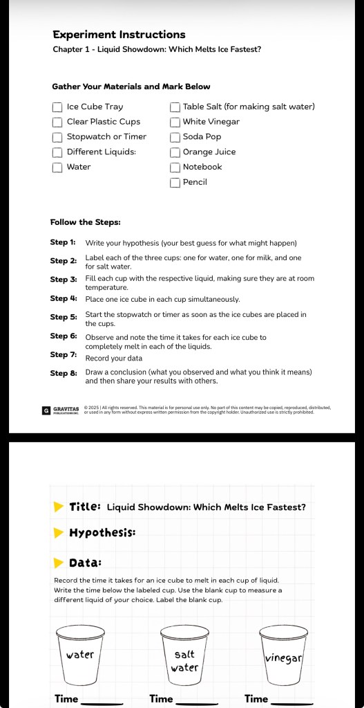 Homeschool science experiment guide with materials, objectives and instructions