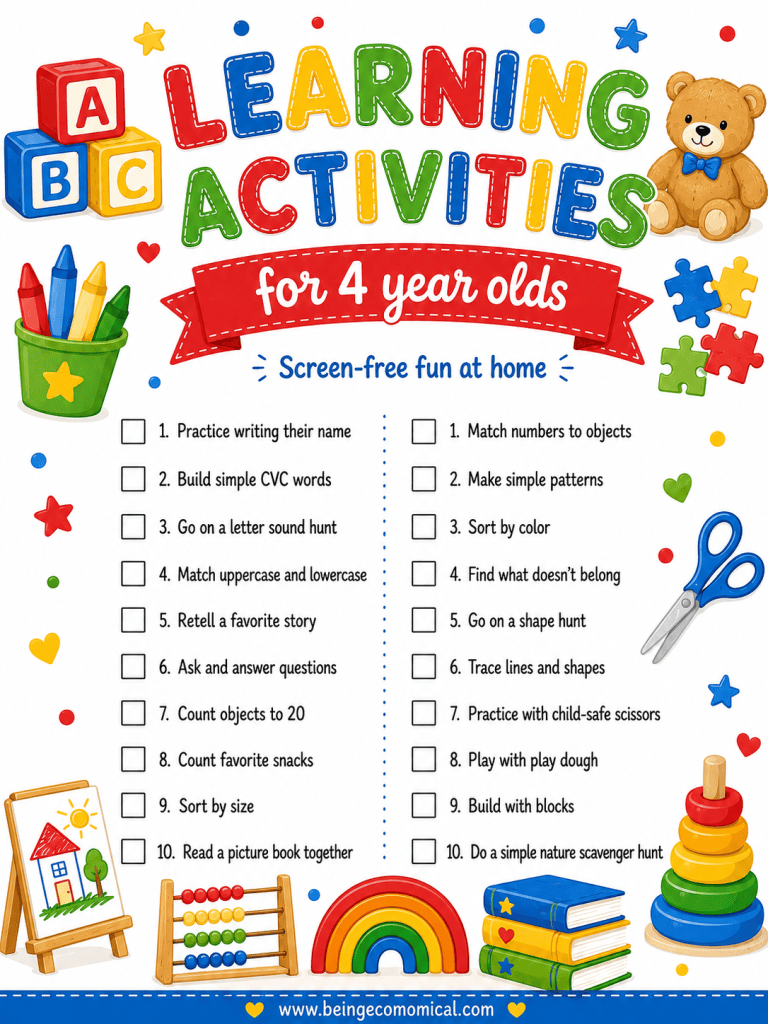 printable checklist for 4 year old learning activities 