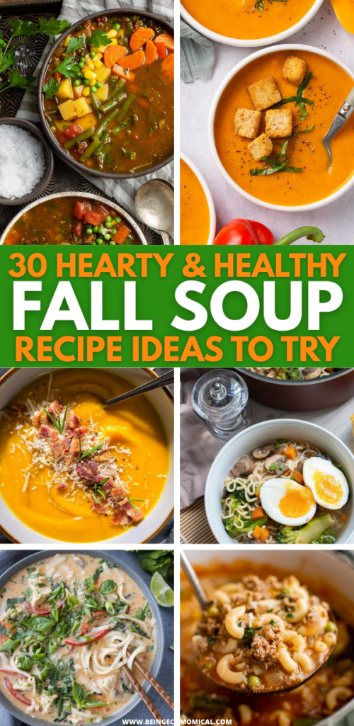 Comfort food collage showcasing creamy, hearty, and vegetable-packed fall soups with bread and seasonal decor