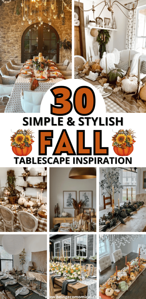 A collage of fall tablescape ideas featuring various table settings with pumpkins, candles, and natural elements, showcasing seasonal decor inspiration.
