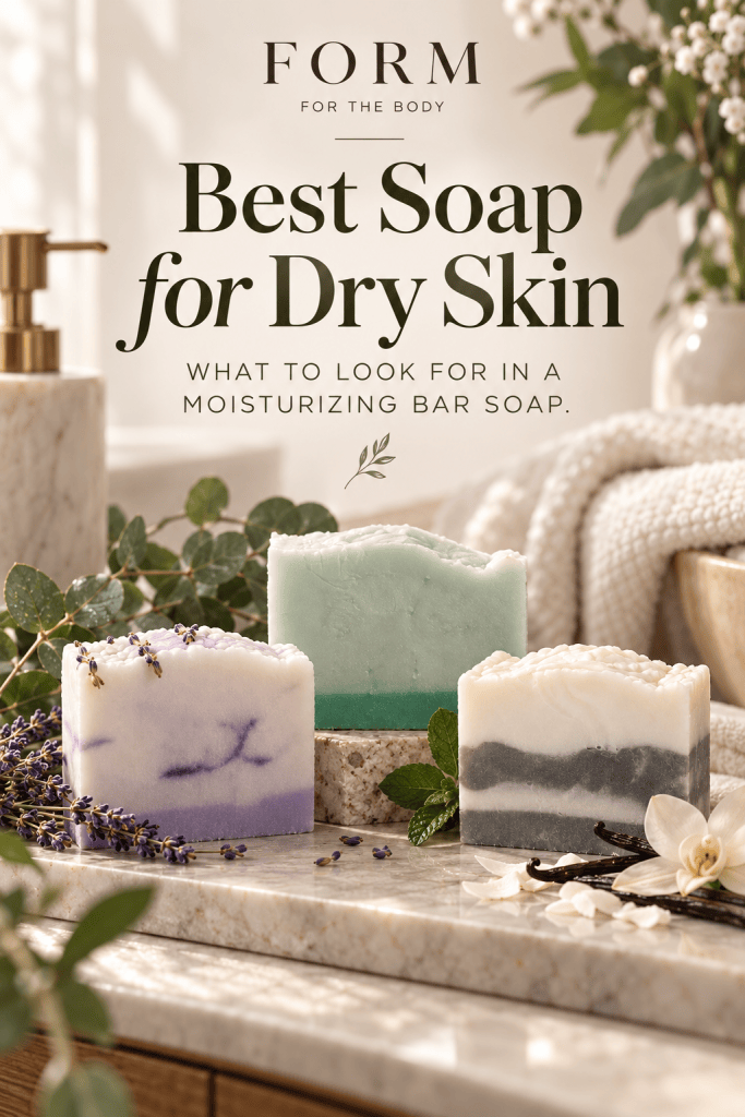Pinterest image for best soap for dry skin featuring three handmade shea butter soap bars in a soft bathroom setting.