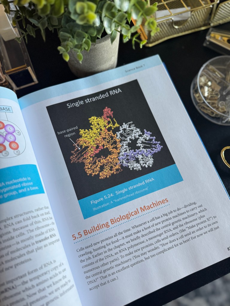 An open science textbook showing a diagram of single-stranded RNA, with colorful molecular structures and labels. The page includes a title and section heading about building biological machines.