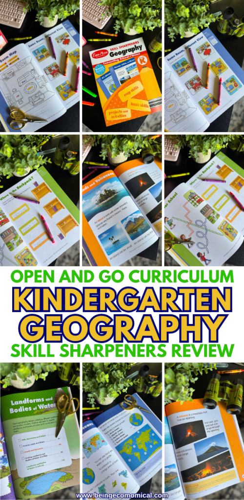 Kindergarten geography curriculum Pinterest pin featuring Skill Sharpeners Geography map activities, landforms, weather lessons, and homeschool workbook pages.