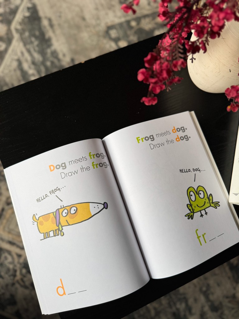 Inside I Can Doodle Rhymes with dog and frog drawing prompts for early language learning.