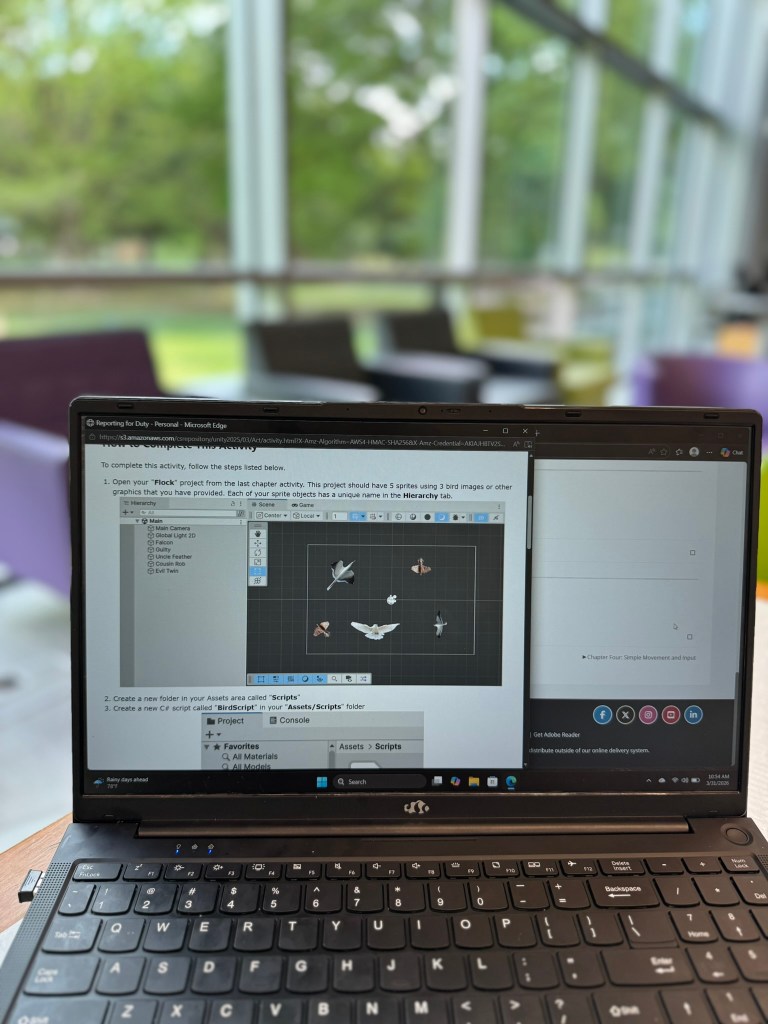 Bird game project assets in the CompuScholar Unity homeschool course