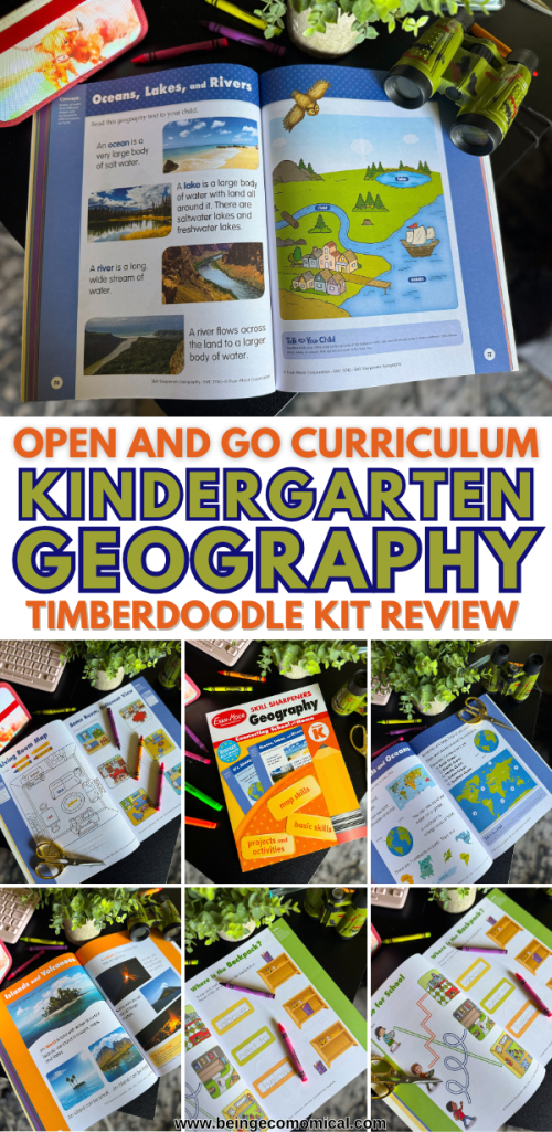 Skill Sharpeners Geography Grade K workbook review Pinterest pin showing Arctic climates, deserts, weather, map skills, and kindergarten geography lessons.