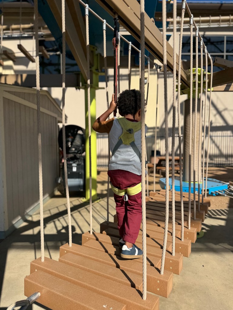 A child navigating a rope obstacle course, wearing a safety harness, with a focus on balance and adventure.