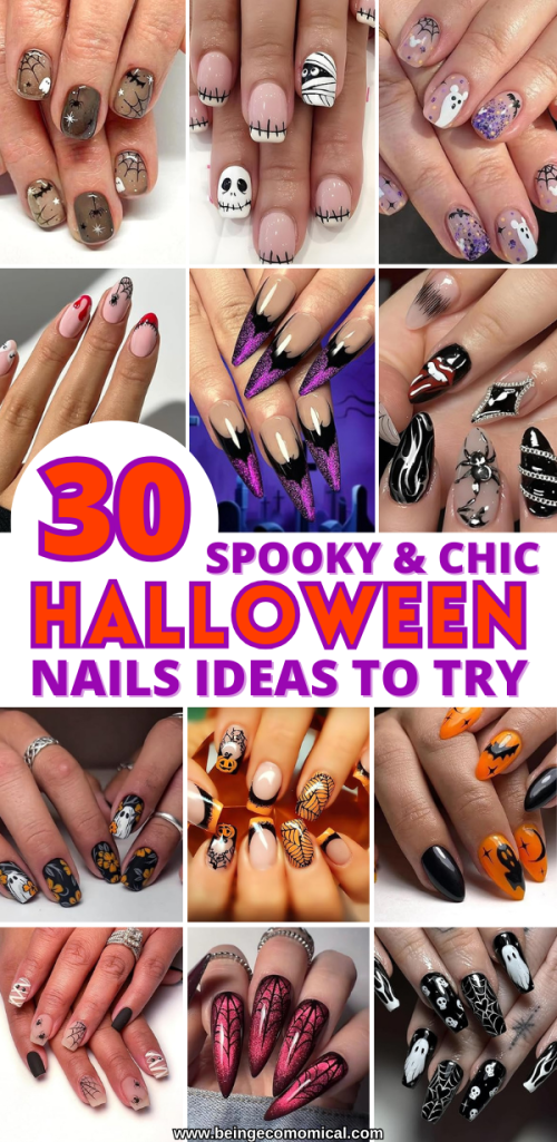A collage of various Halloween-themed nail designs featuring spooky and chic elements like ghosts, bats, and pumpkins.