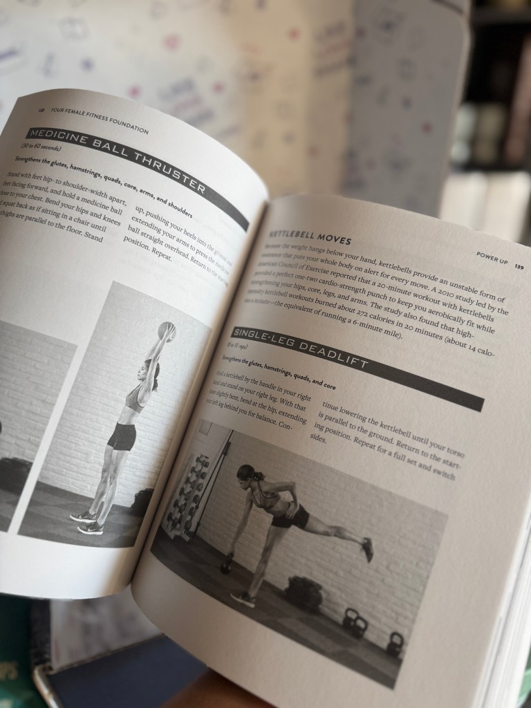 Open fitness book page displaying exercises like Medicine Ball Thruster and Single-Leg Deadlift with illustrations and instructions.